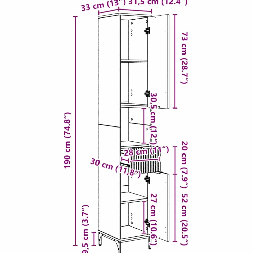 vidaXL Badkamer Kast Wit 31,5 x 33 x 190 cm Bewerkt hout, Metaal