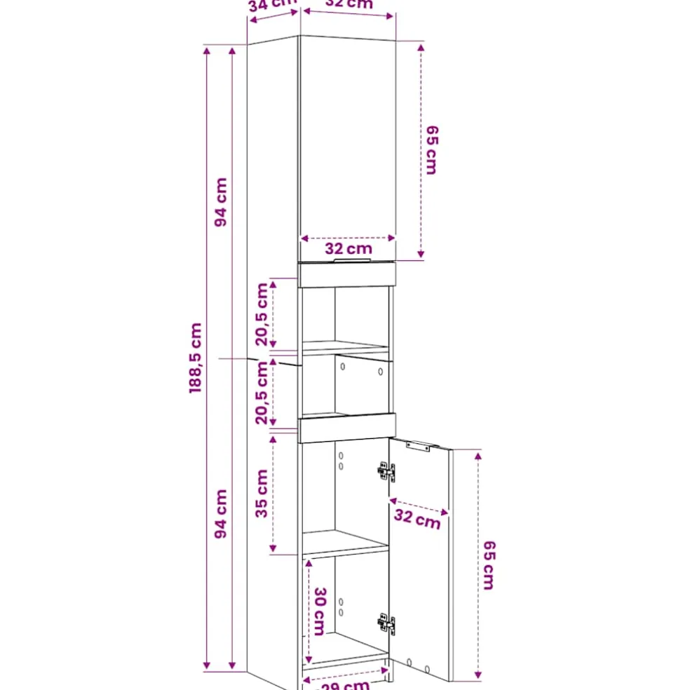 vidaXL Badkamerkast 32x34x188,5 cm bewerkt hout wit
