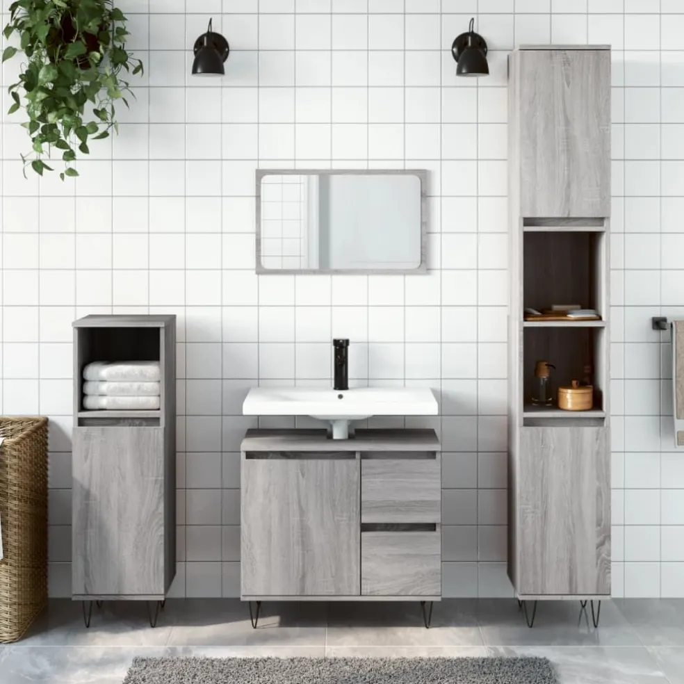 vidaXL Badkamerkast 30x30x190 cm bewerkt hout grijs sonoma eikenkleur
