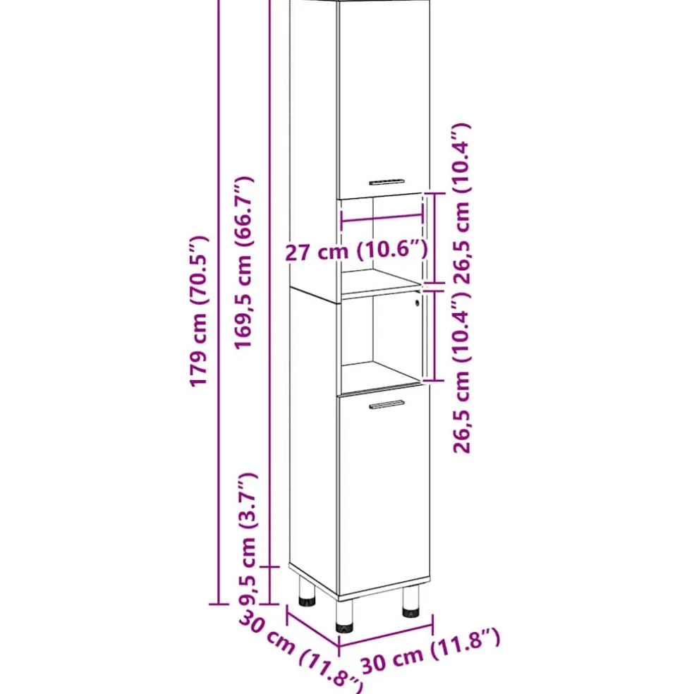 vidaXL Badkamer Kast Zwart Eiken 30 x 30 x 179 cm Bewerkt hout