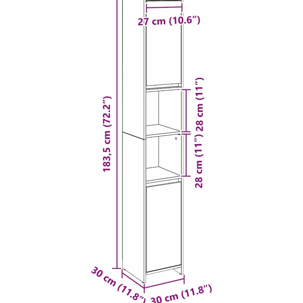 vidaXL Badkamer Kast Zwart Eiken 30 x 30 x 183,5 cm Bewerkt hout