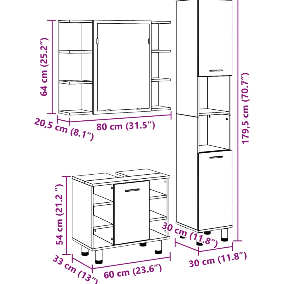 vidaXL Badkamermeubelset 3 st Zwart 30 x 30 x 179,5 cm Bewerkt hout