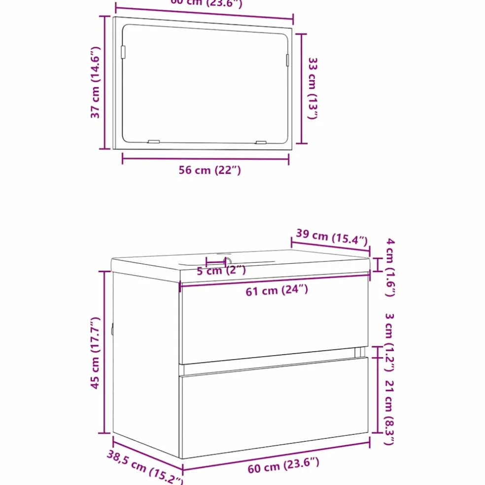 vidaXL Badkamermeubelset 3 st Zwart Eiken 61 x 39 x 45 cm Bewerkt hout