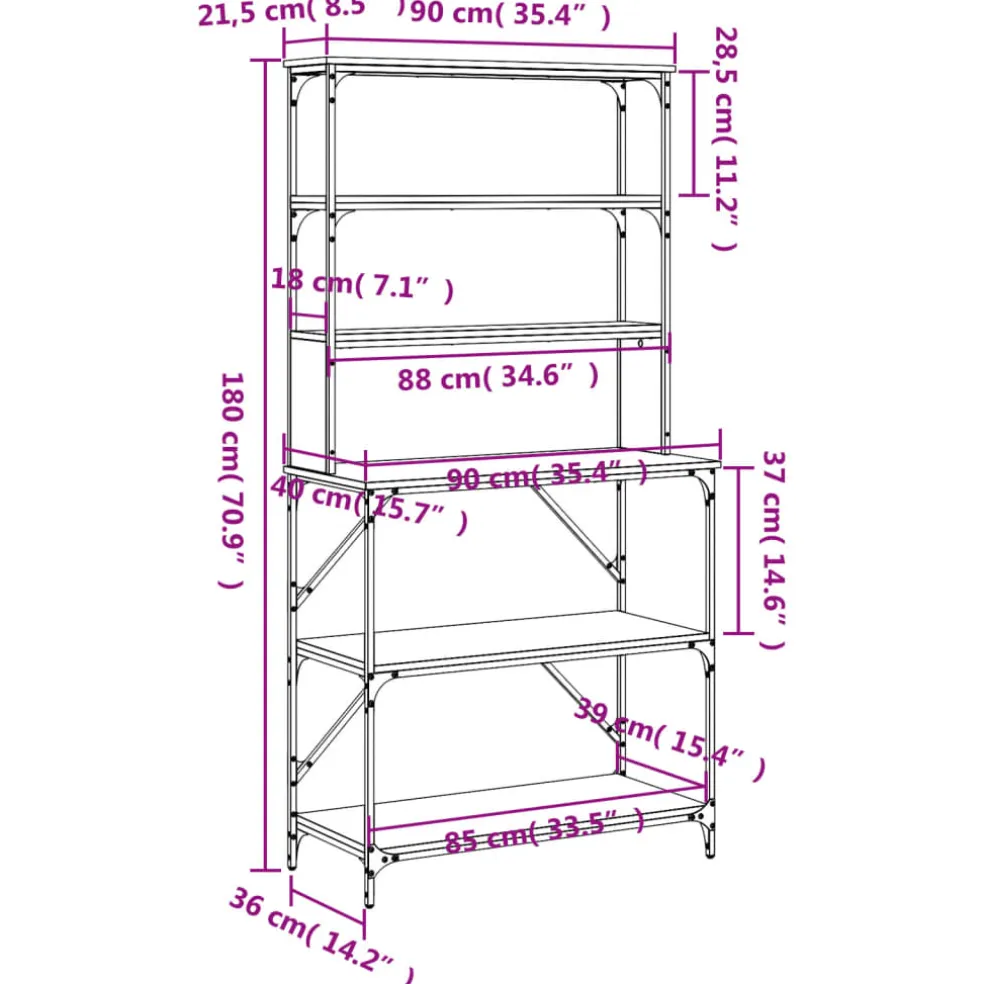 vidaXL Bakkersrek 6-laags 90x40x180 cm bewerkt hout grijs sonoma eiken