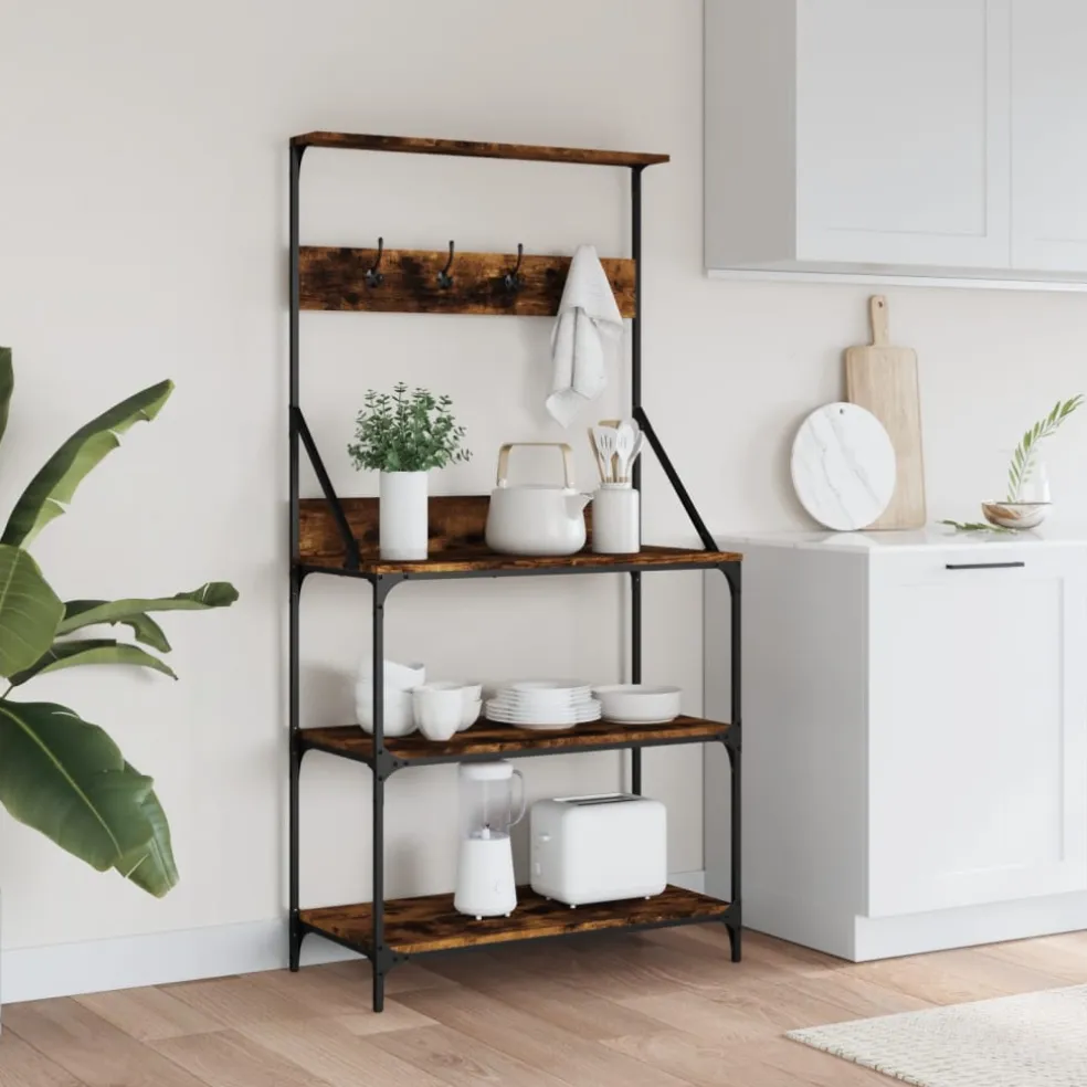 vidaXL Bakkersrek met haken 4-laags bewerkt hout gerookt eikenkleurig