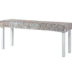 vidaXL Bankje 110 cm natuurlijk kubu rattan en massief mahoniehout wit