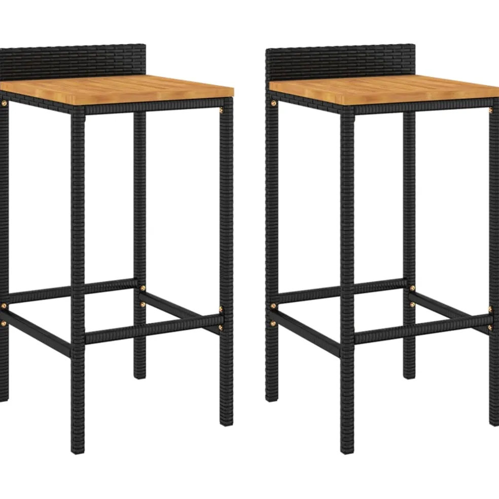 vidaXL Barkrukken 2 st poly rattan en massief acaciahout zwart