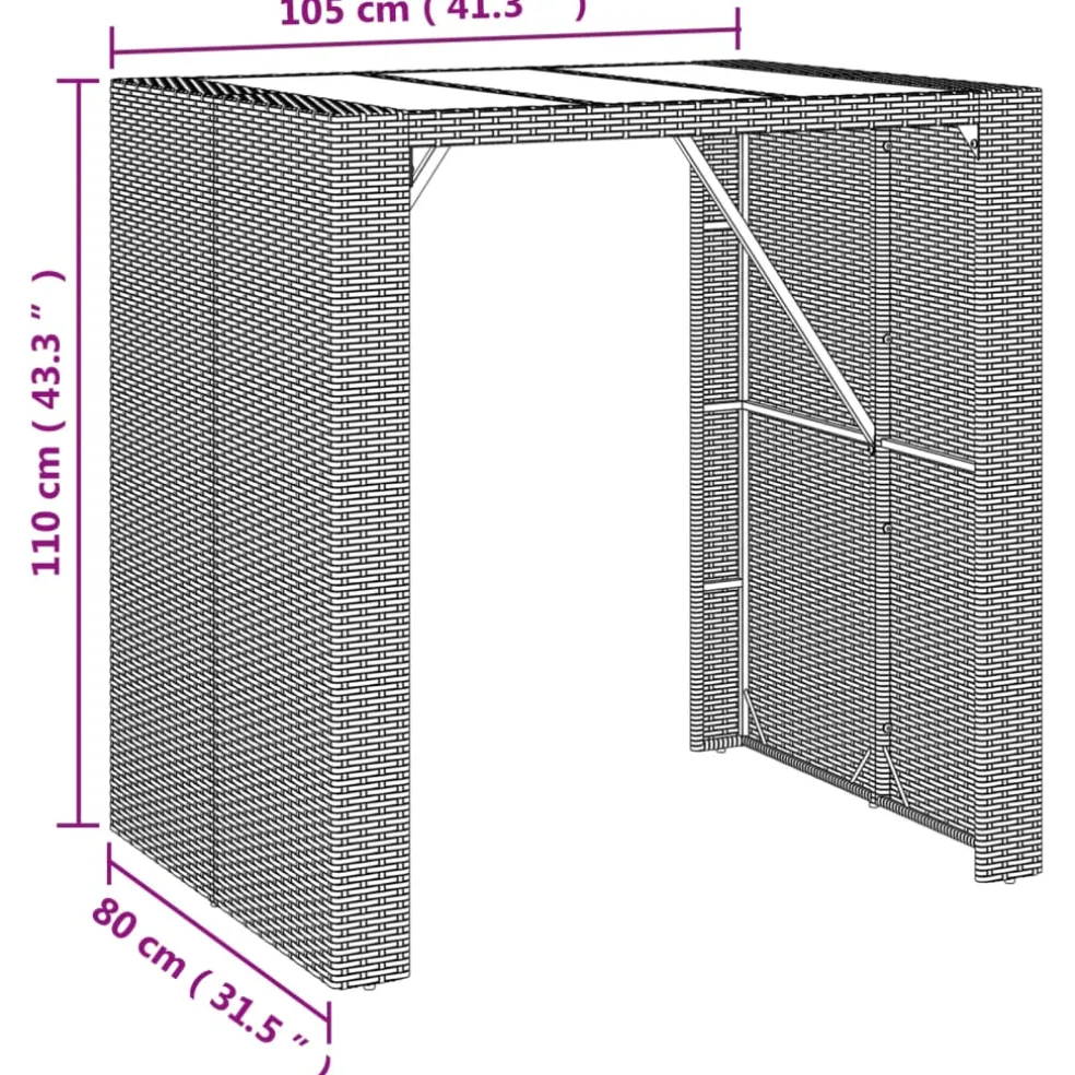 vidaXL Bartafel met glazen blad 105x80x110 cm poly rattan grijs