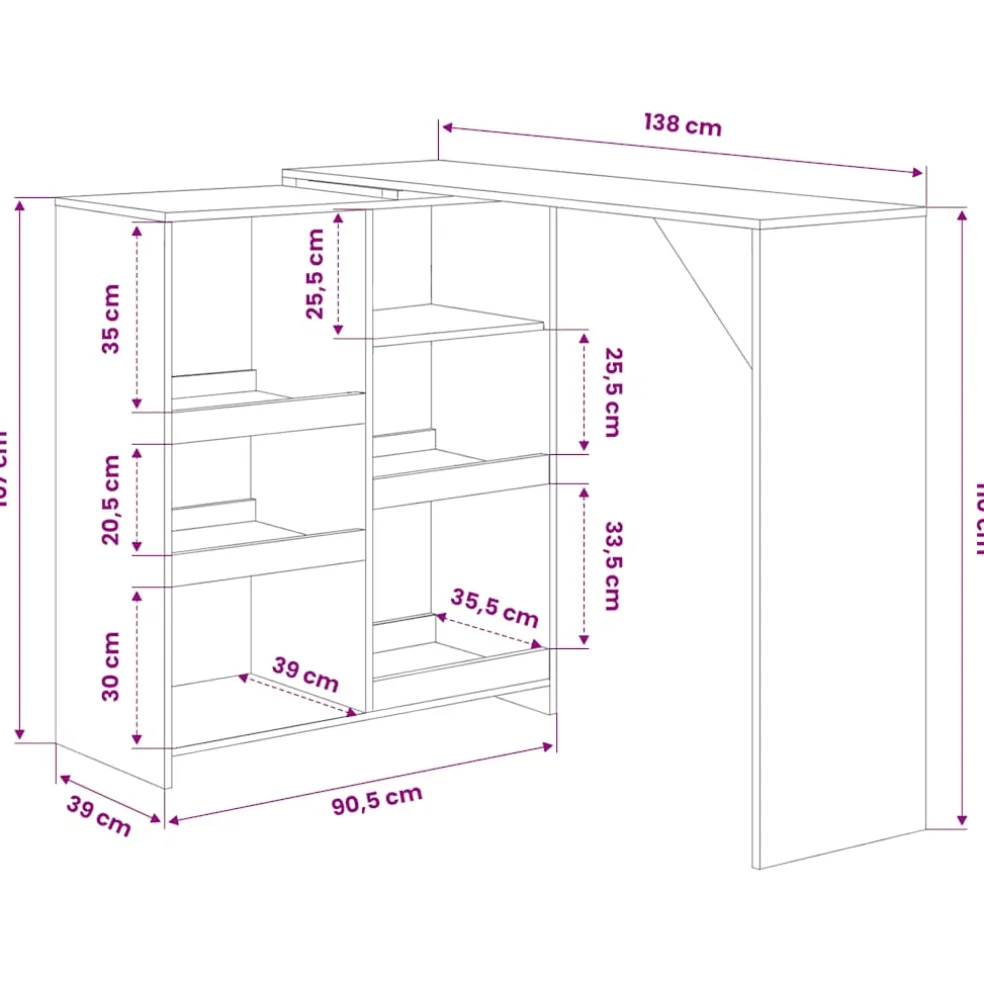 vidaXL Bartafel met verplaatsbaar schap 138x39x110 cm wit