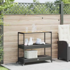 vidaXL Bartrolley 3-laags poly rattan en massief acaciahout zwart