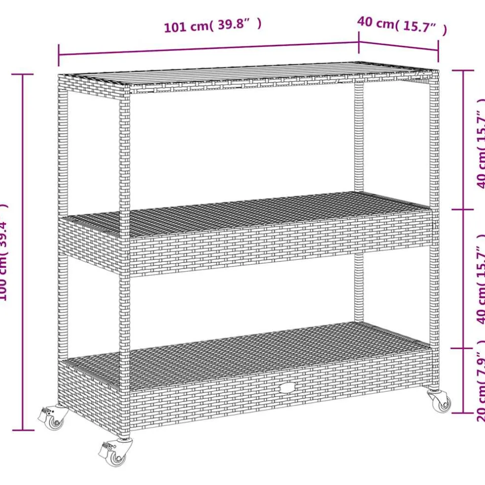 vidaXL Bartrolley 3-laags poly rattan en massief acaciahout zwart