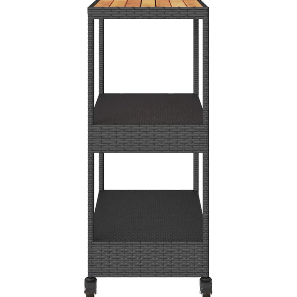 vidaXL Bartrolley 3-laags poly rattan en massief acaciahout zwart
