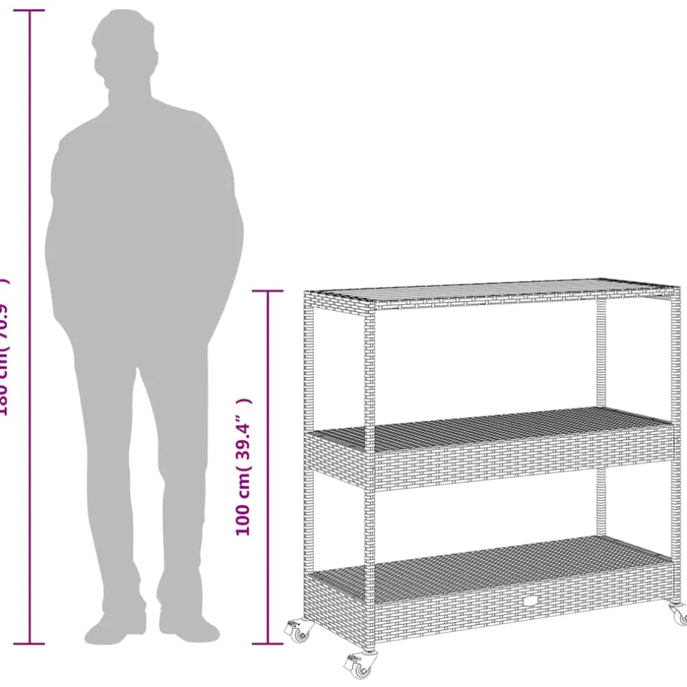 vidaXL Bartrolley 3-laags poly rattan en massief acaciahout zwart