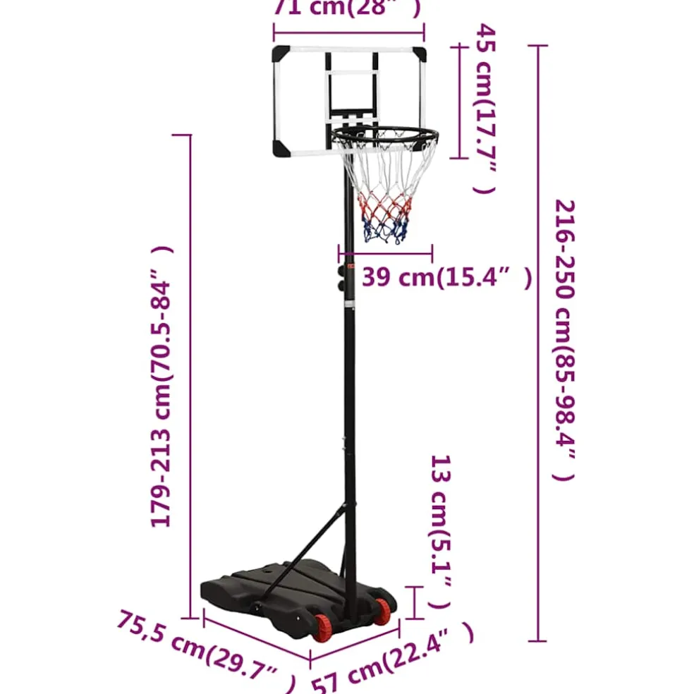 vidaXL Basketbalstandaard 216-250 cm polycarbonaat transparant