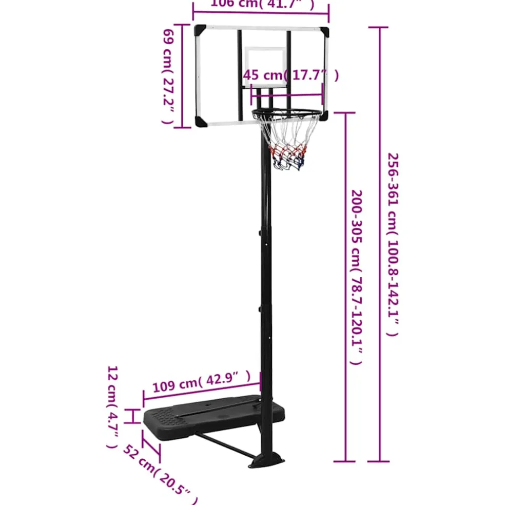 vidaXL Basketbalstandaard 256-361 cm polycarbonaat transparant