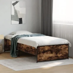 vidaXL Bedframe bewerkt hout en metaal gerookt eikenkleurig 100x200 cm