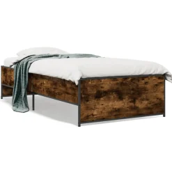vidaXL Bedframe bewerkt hout en metaal gerookt eikenkleurig 100x200 cm