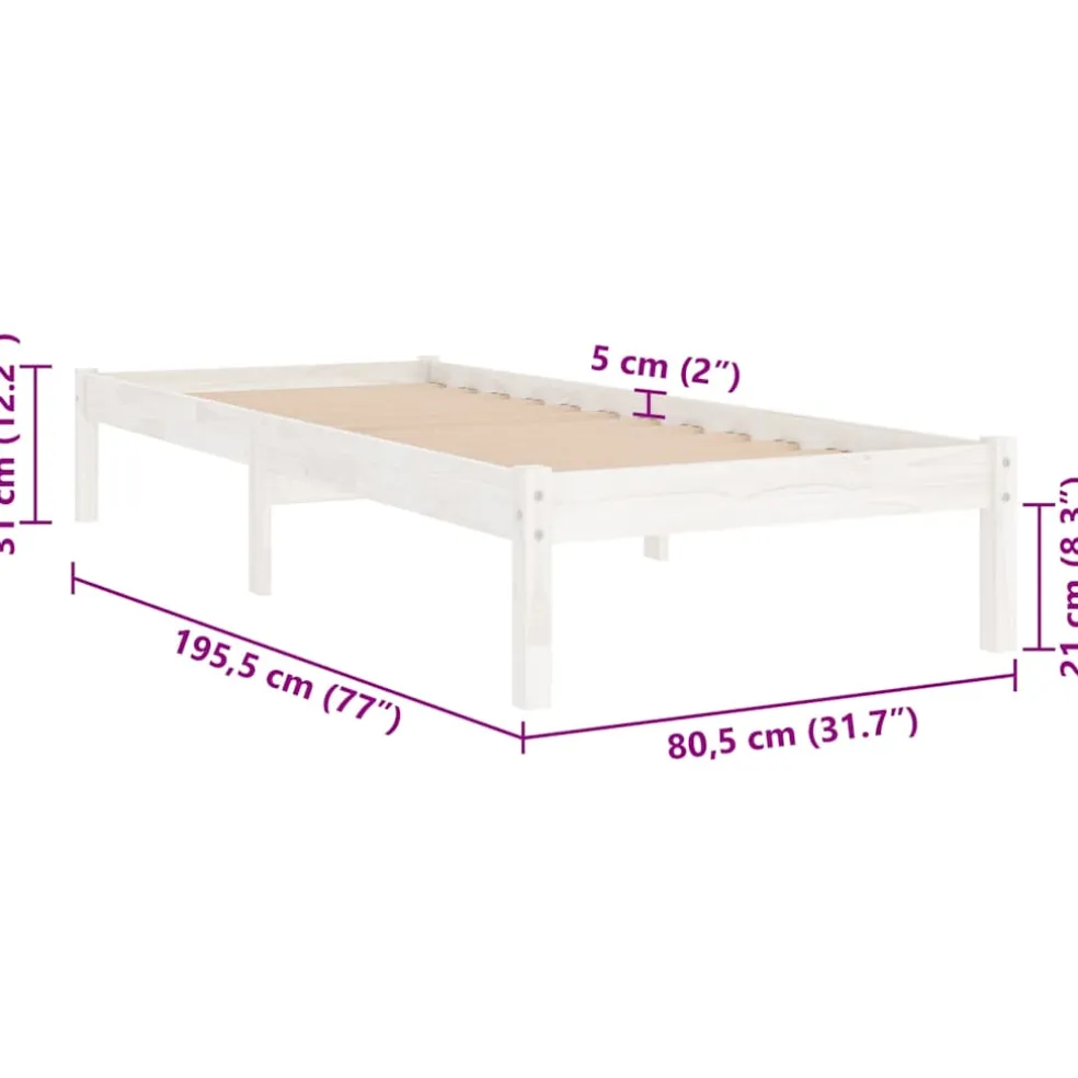 vidaXL Bedframe massief hout wit 75x190 cm