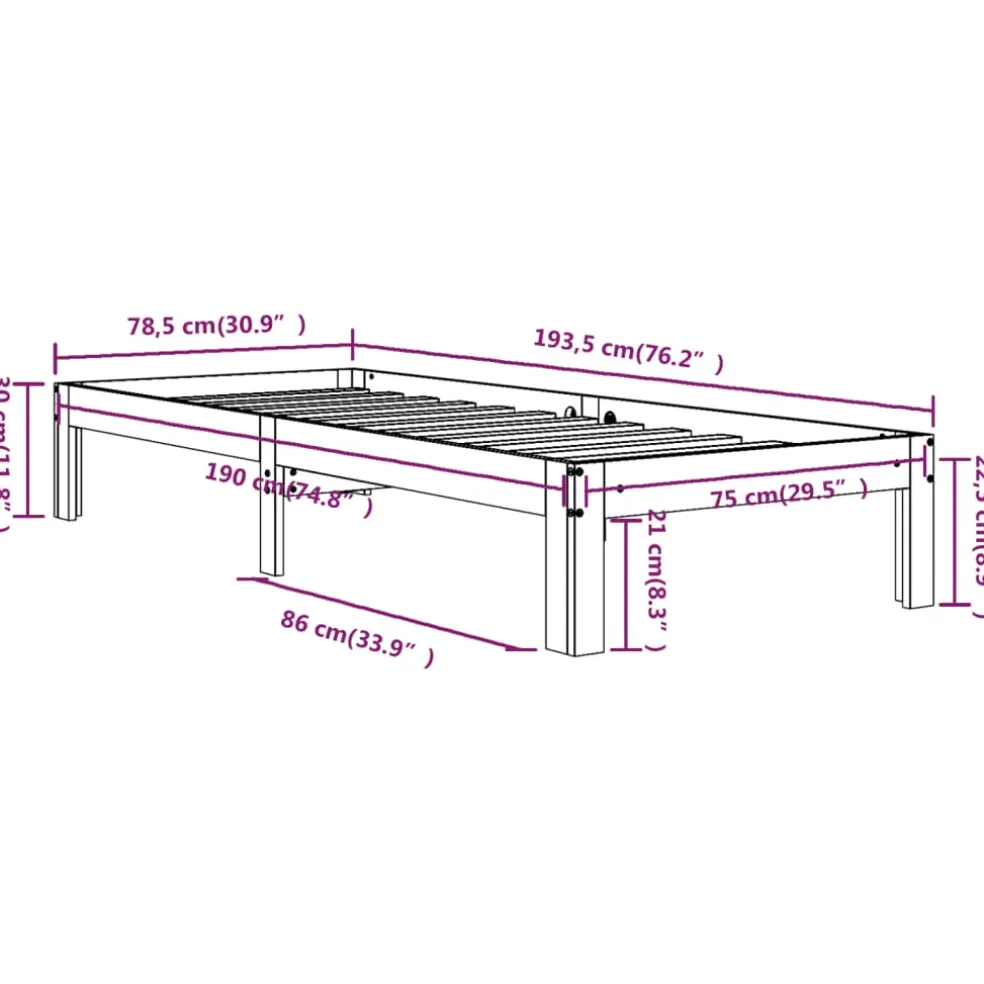 vidaXL Bedframe massief hout wit 75x190 cm