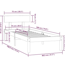 vidaXL Bedframe massief hout wit 75x190 cm