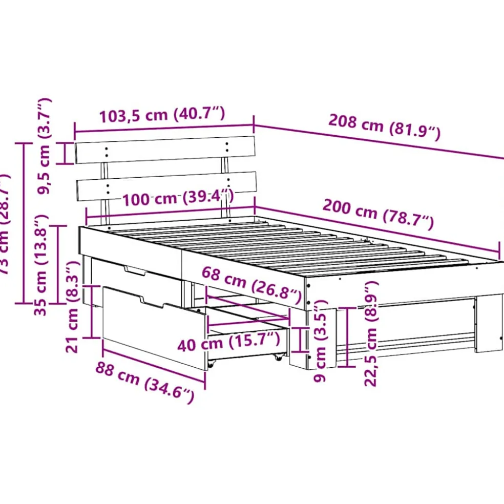 vidaXL Bedframe met hoofdeinde Naturel 100 x 200 cm Massief grenenhout