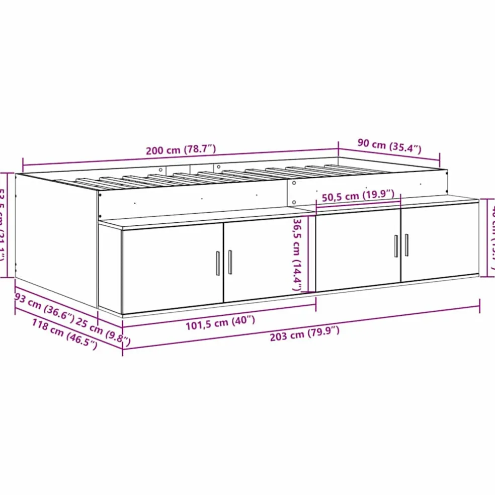 vidaXL Bedframe met lade Grijs Sonoma 90 x 200 cm Bewerkt hout
