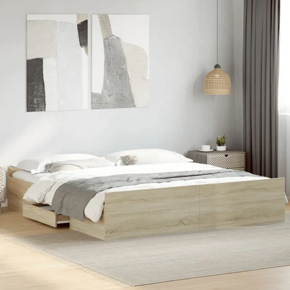 vidaXL Bedframe met lades bewerkt hout sonoma eikenkleurig 200x200 cm