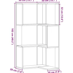 vidaXL Boekenkast 3-laags hoek 50x50x102 cm bewerkt hout betongrijs