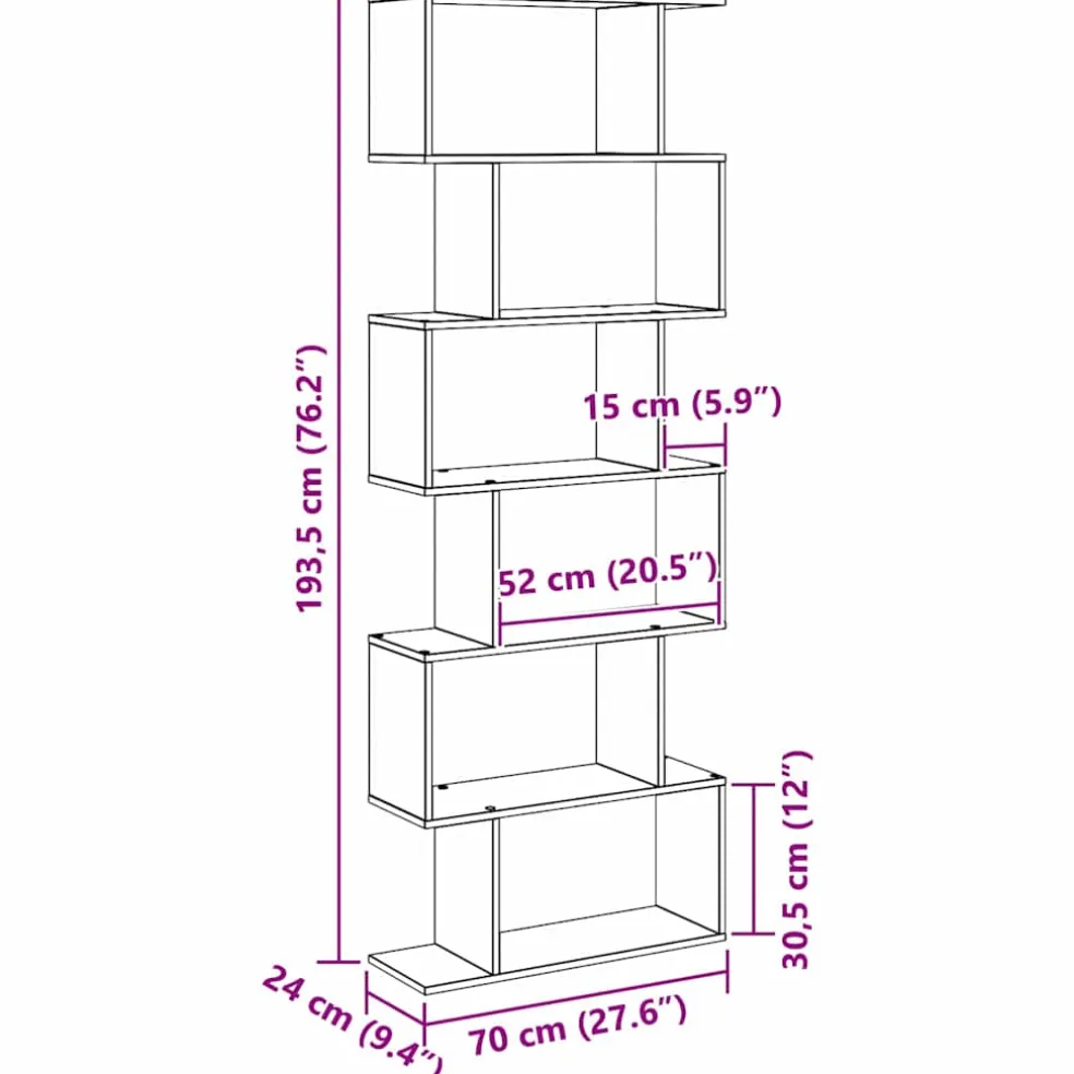 vidaXL Boekenkast 6-laags 70 x 24 x 193,5 cm Bewerkt hout Zwart Eiken
