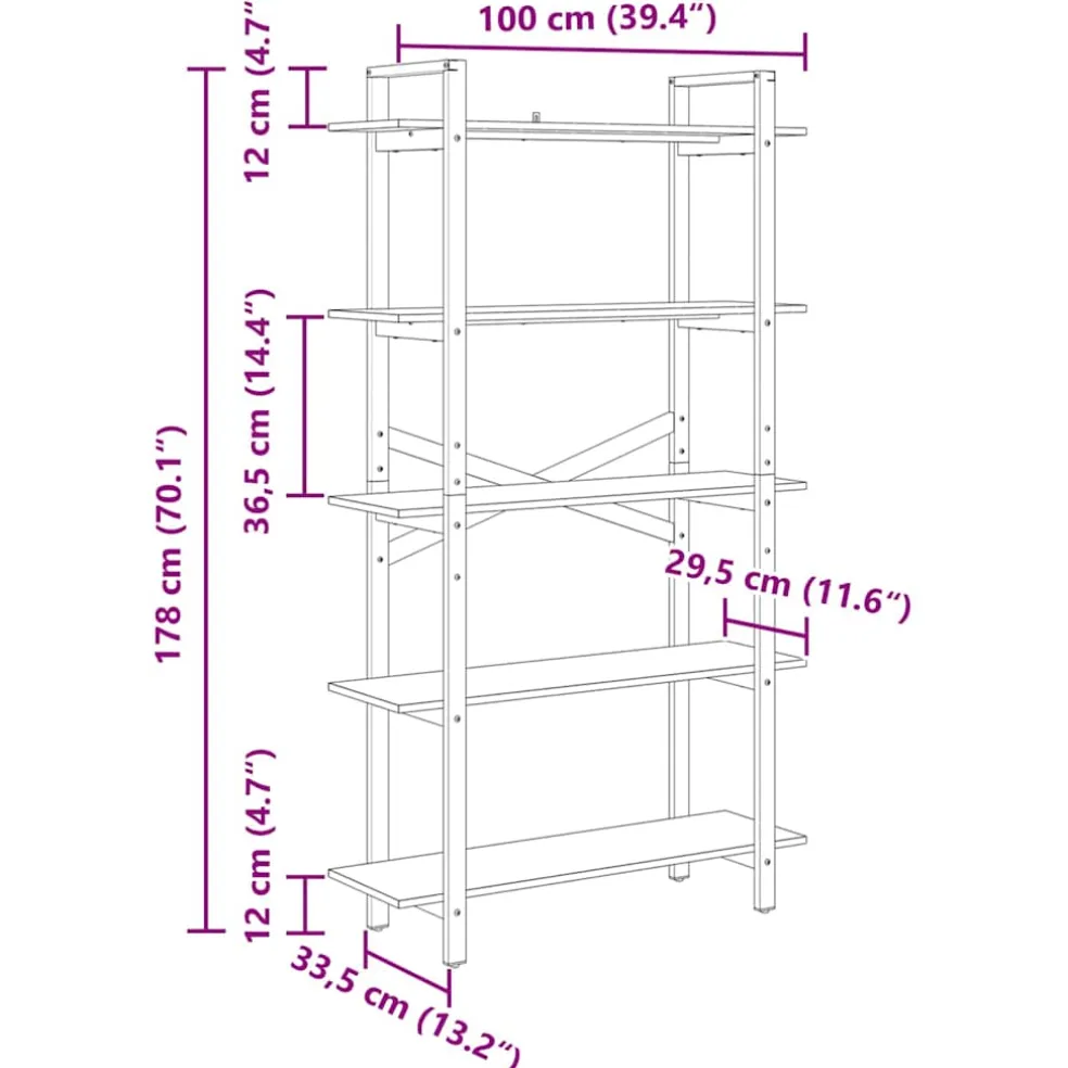 vidaXL Boekenkast 5-laags 100 x 33,5 x 178 cm Bewerkt hout