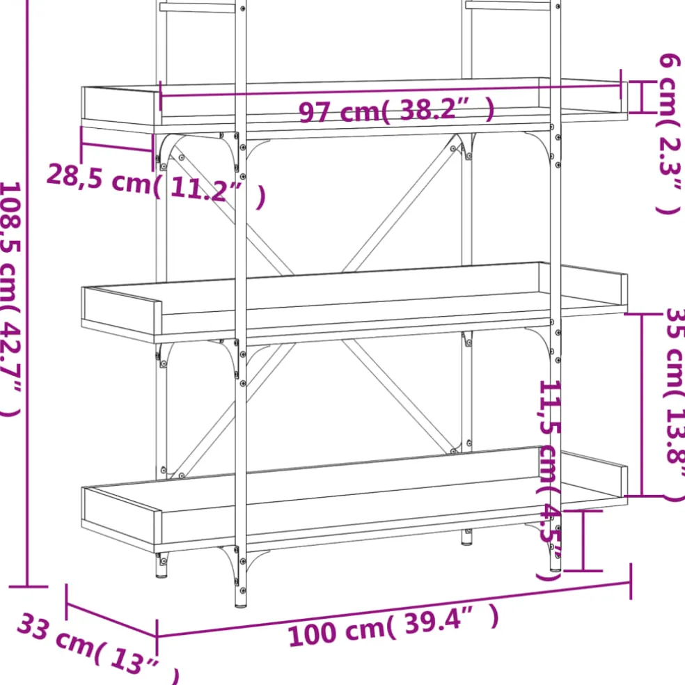 vidaXL Boekenkast 3-laags 100x33x108,5 cm bewerkt hout gerookt eiken