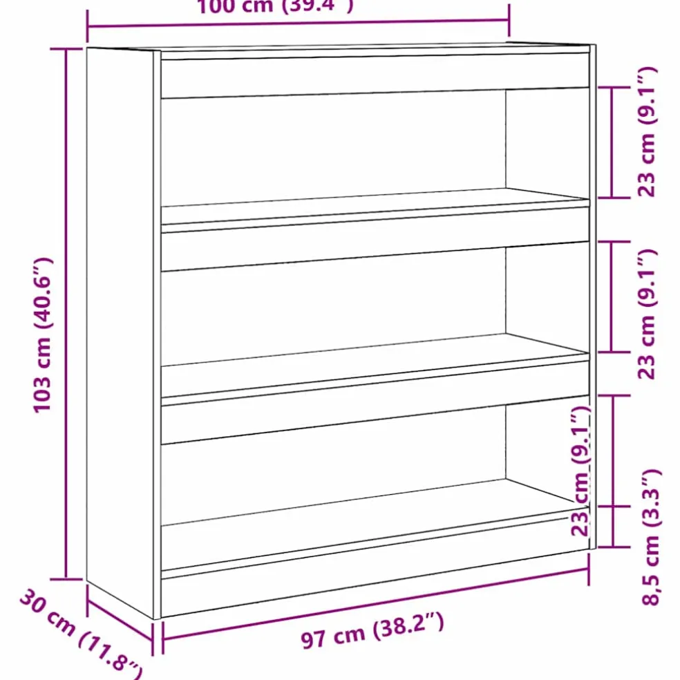 vidaXL Boekenkast 3-laags 100 x 30 x 103 cm Bewerkt hout Zwart Eiken