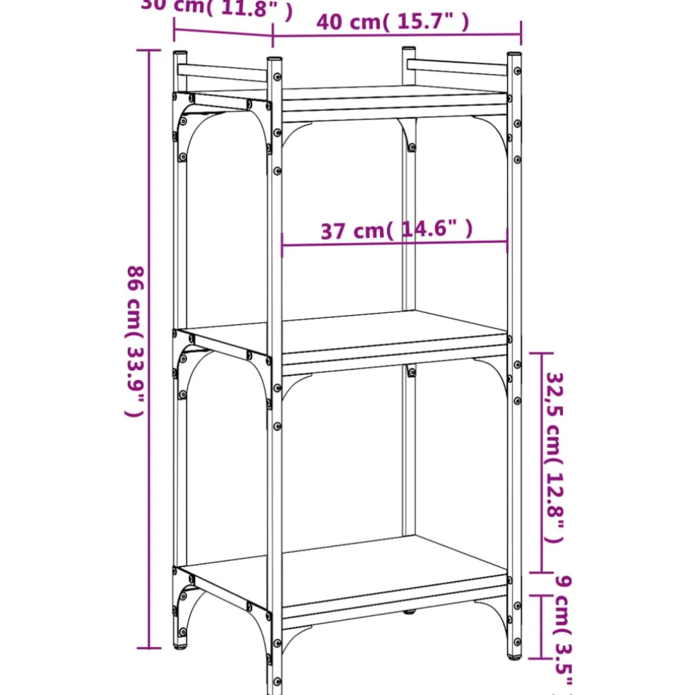 vidaXL Boekenkast 3-laags 40x30x86 cm bewerkt hout grijs sonoma