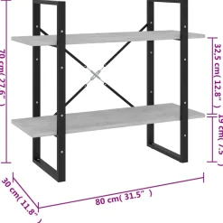 vidaXL Boekenkast met 2 schappen 80x30x70 cm bewerkt hout betongrijs