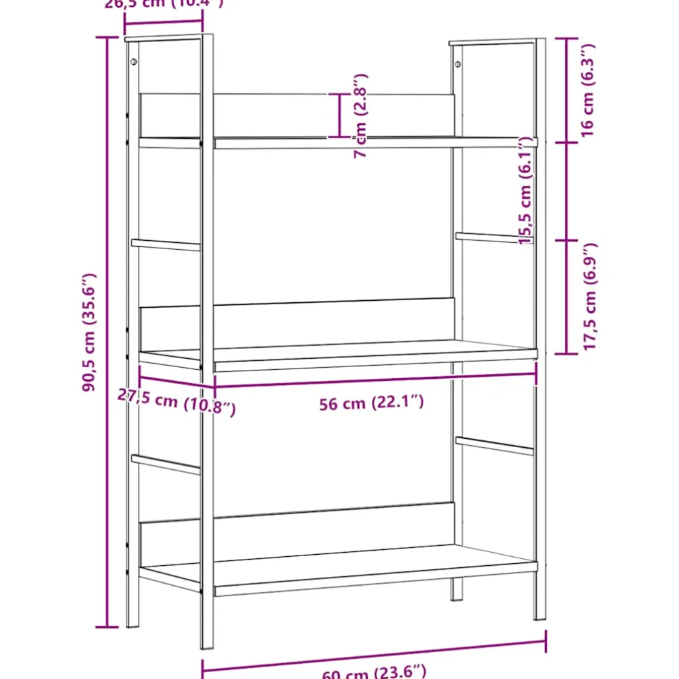 vidaXL Boekenkast 3 schappen 60x27,6x90,5 cm bewerkt hout eikenkleurig