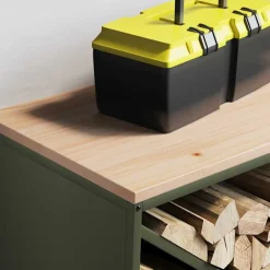 vidaXL Brandhoutrek met houten blad olijfgroen 100,5x35,5x40 cm