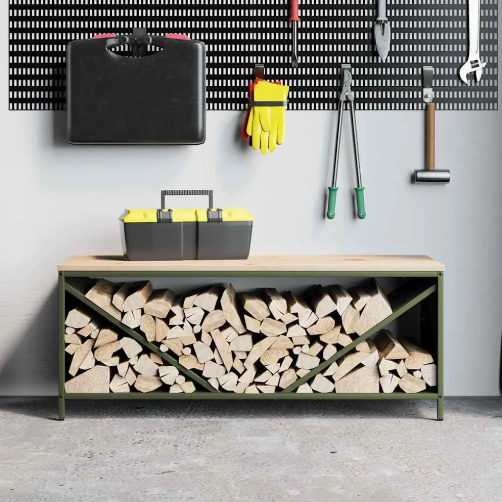 vidaXL Brandhoutrek met houten blad olijfgroen 100,5x35,5x40 cm