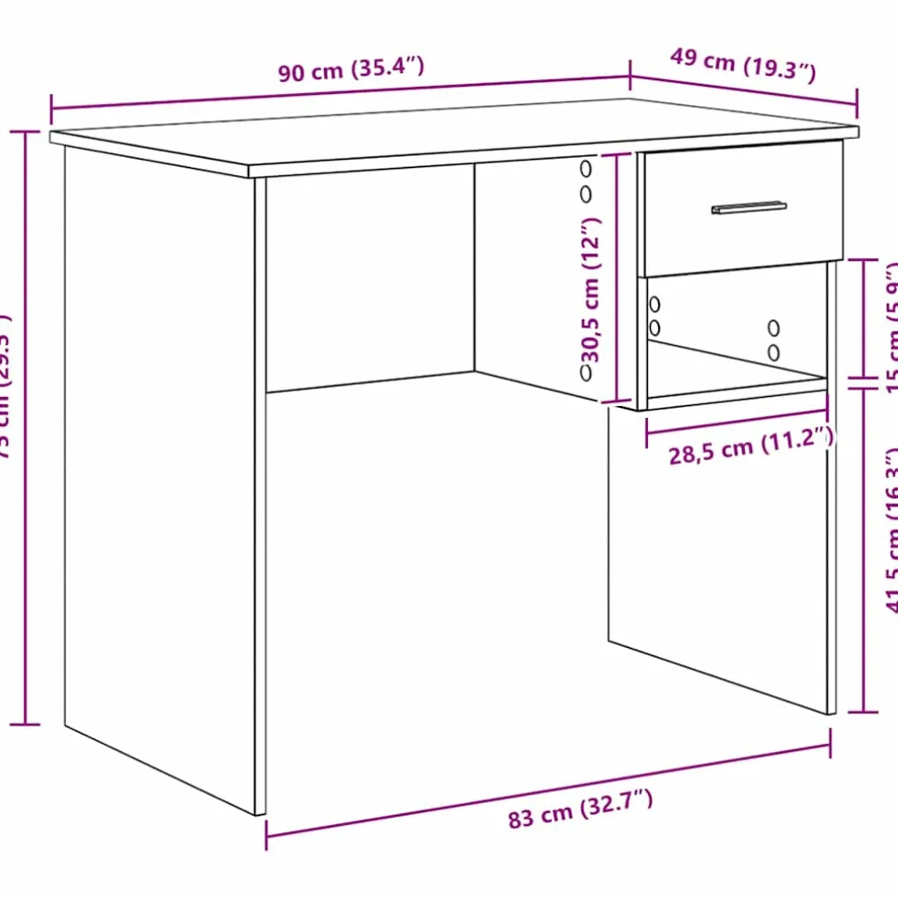 vidaXL Bureau Artisan Eiken 90 x 49 x 75 cm Bewerkt hout
