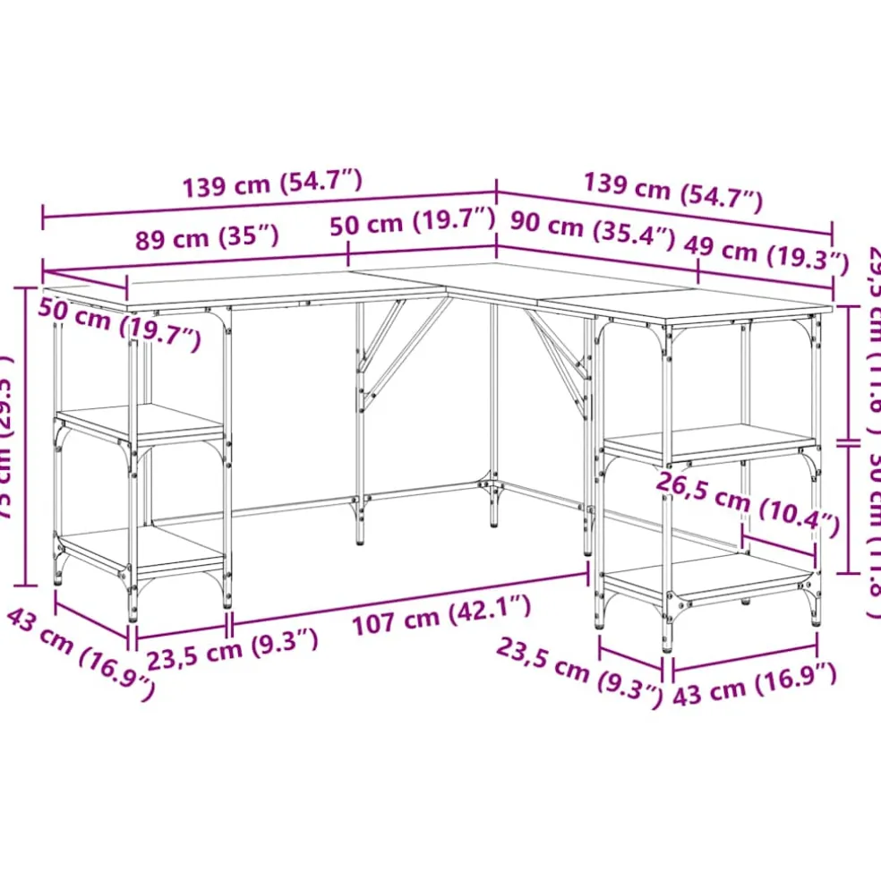 vidaXL Bureau Artisan Eiken 139 x 139 x 75 cm Bewerkt hout
