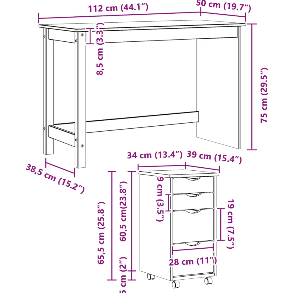 vidaXL Bureau en rollende kast set MOSS 2 st Grijs