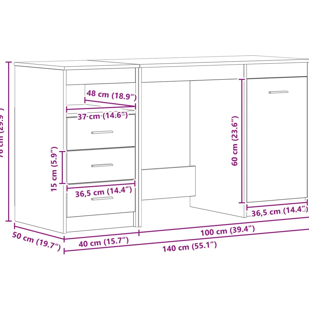 vidaXL Bureau met lade 2 st Zwart Eiken 140 x 50 x 76 cm Bewerkt hout