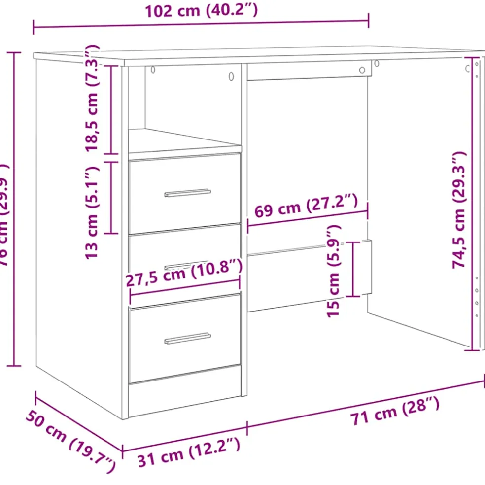 vidaXL Bureau met lades 102x50x76 cm bewerkt hout betongrijs
