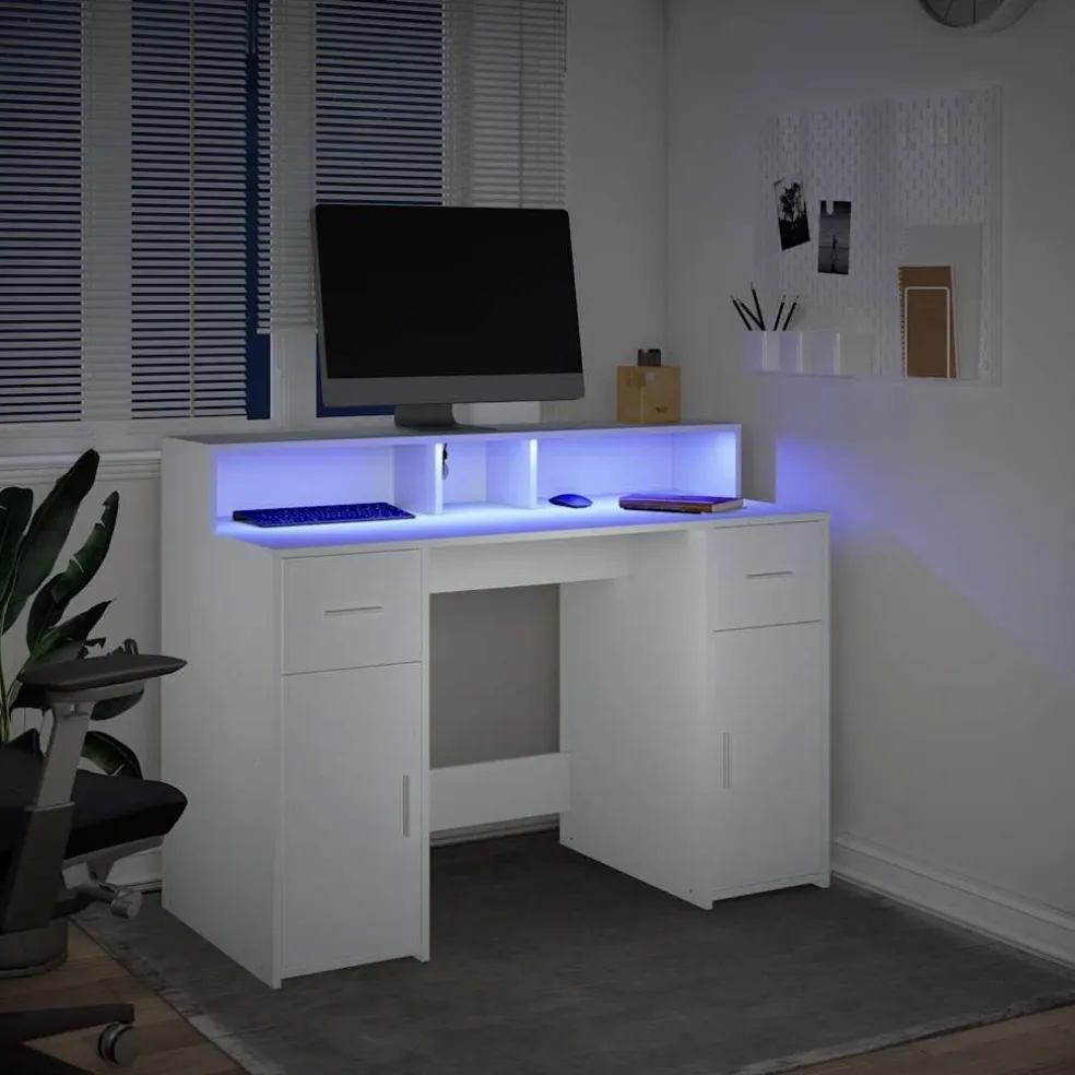 vidaXL Bureau met LED-verlichting 120x55x91 cm bewerkt hout wit