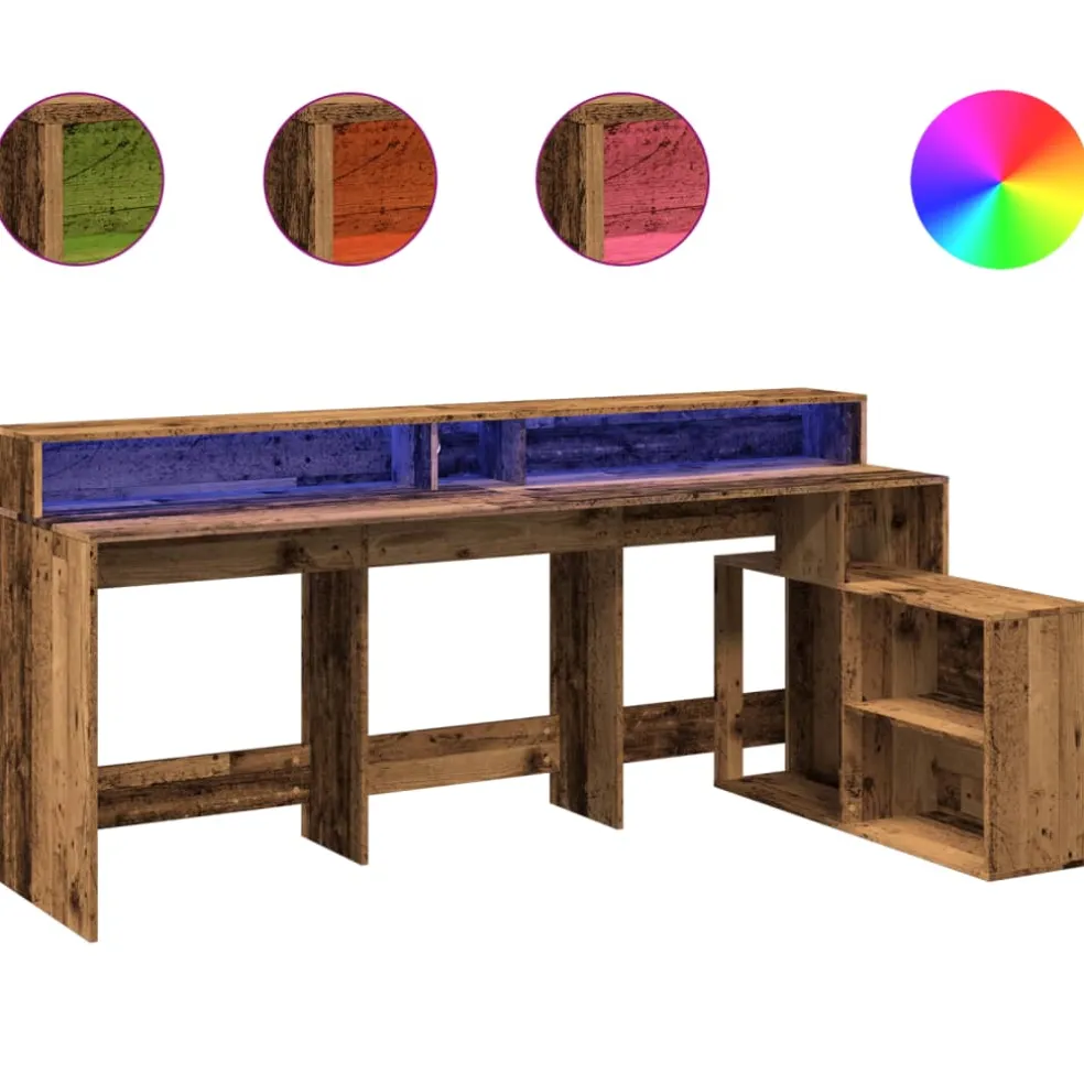 vidaXL Bureau met LED-verlichting 200x104x91 cm bewerkt hout oud hout