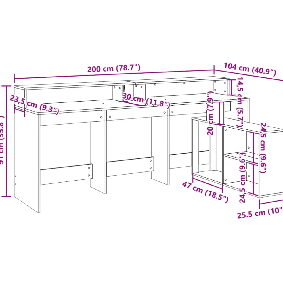 vidaXL Bureau met LED-verlichting 200x104x91 cm bewerkt hout oud hout