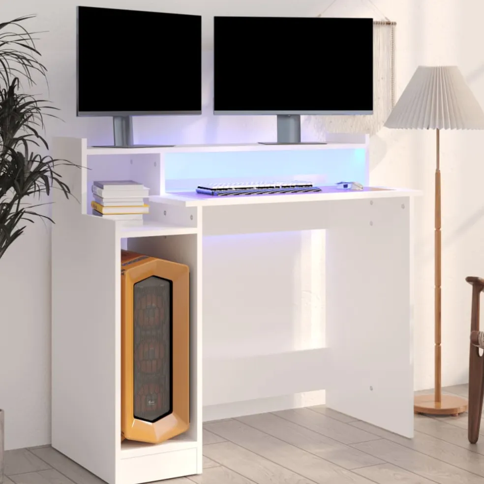 vidaXL Bureau met LED-verlichting 97x45x90 cm bewerkt hout wit