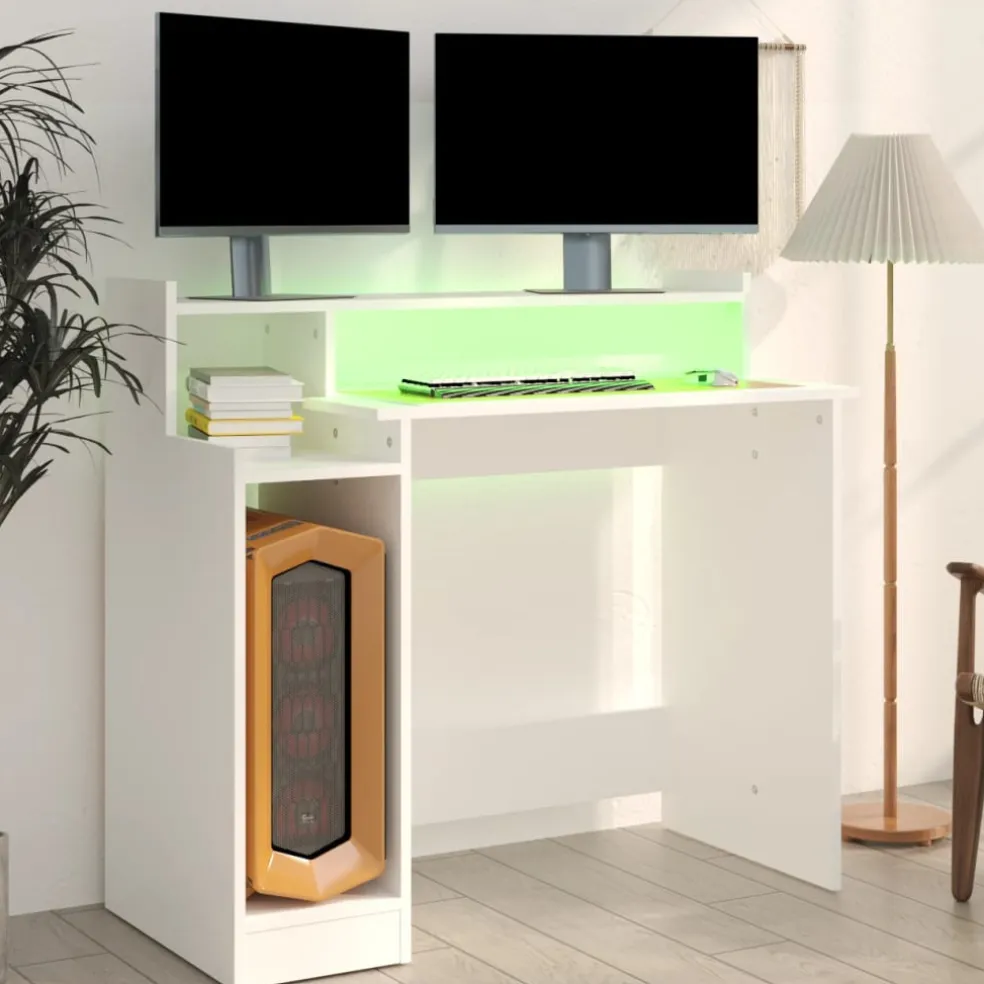 vidaXL Bureau met LED-verlichting 97x45x90 cm bewerkt hout wit