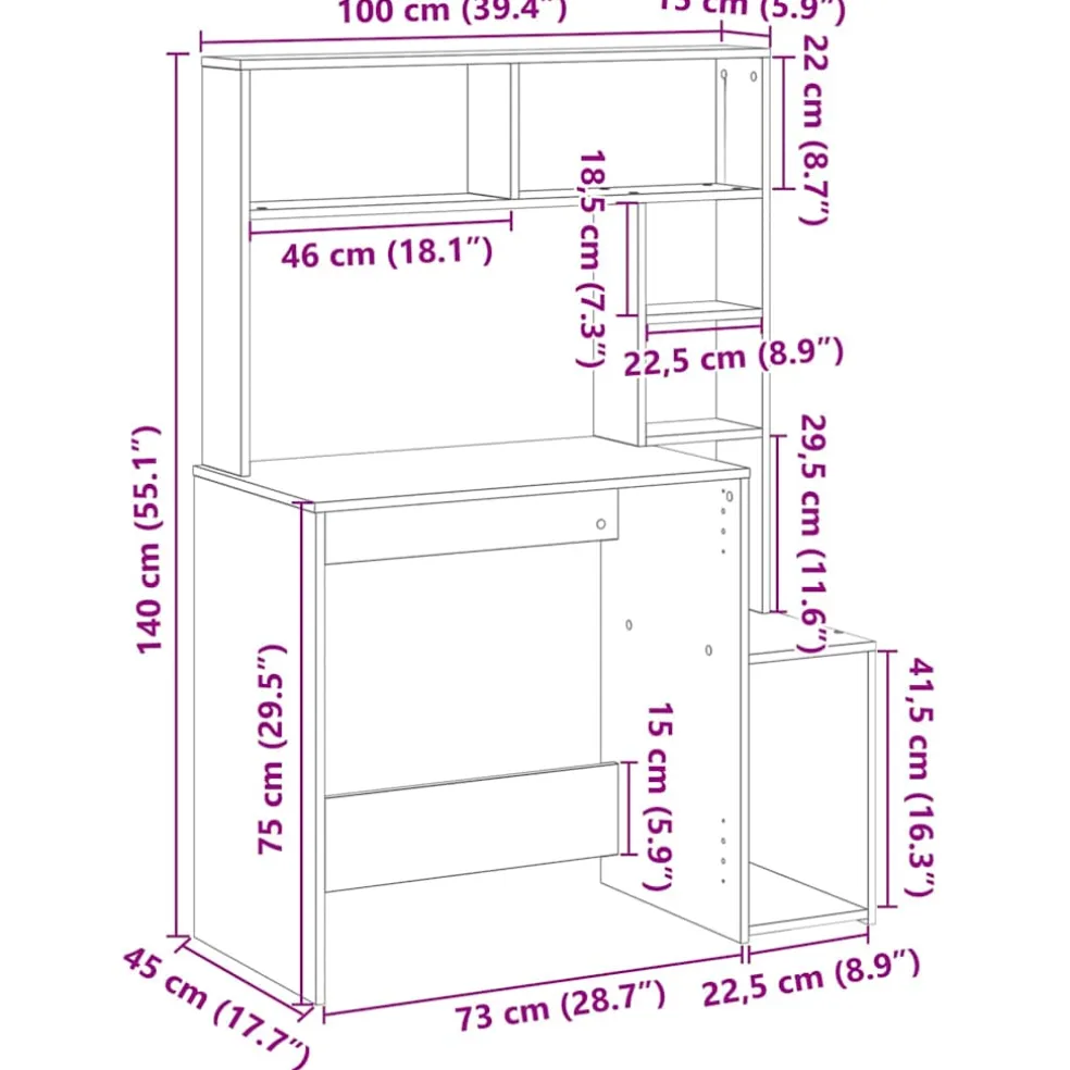 vidaXL Bureau met schappen 100x45x140 cm bewerkt hout oud houtkleurig