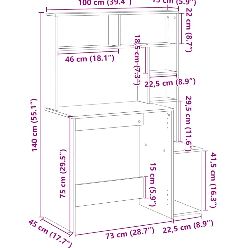 vidaXL Bureau met schappen 100x45x140 cm bewerkt hout betongrijs