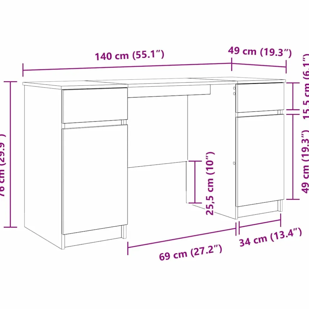 vidaXL Bureau Sonoma eiken Bewerkt hout 140 x 49 x 76 cm